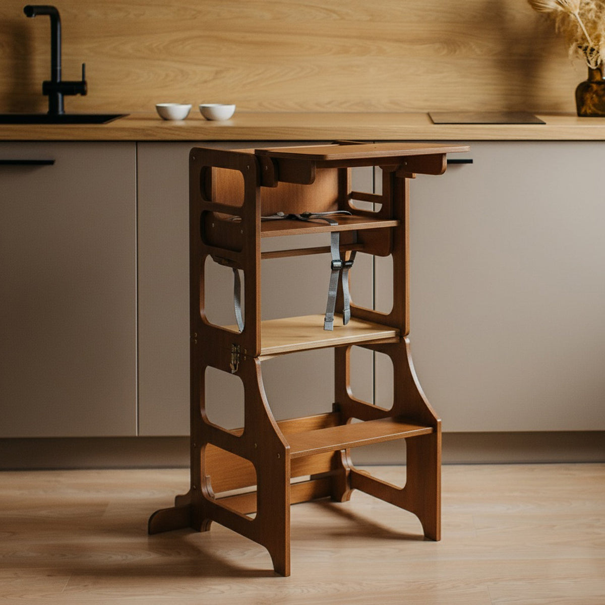 3 in 1 Learning Tower & High Chair: Wood Finish - Kids