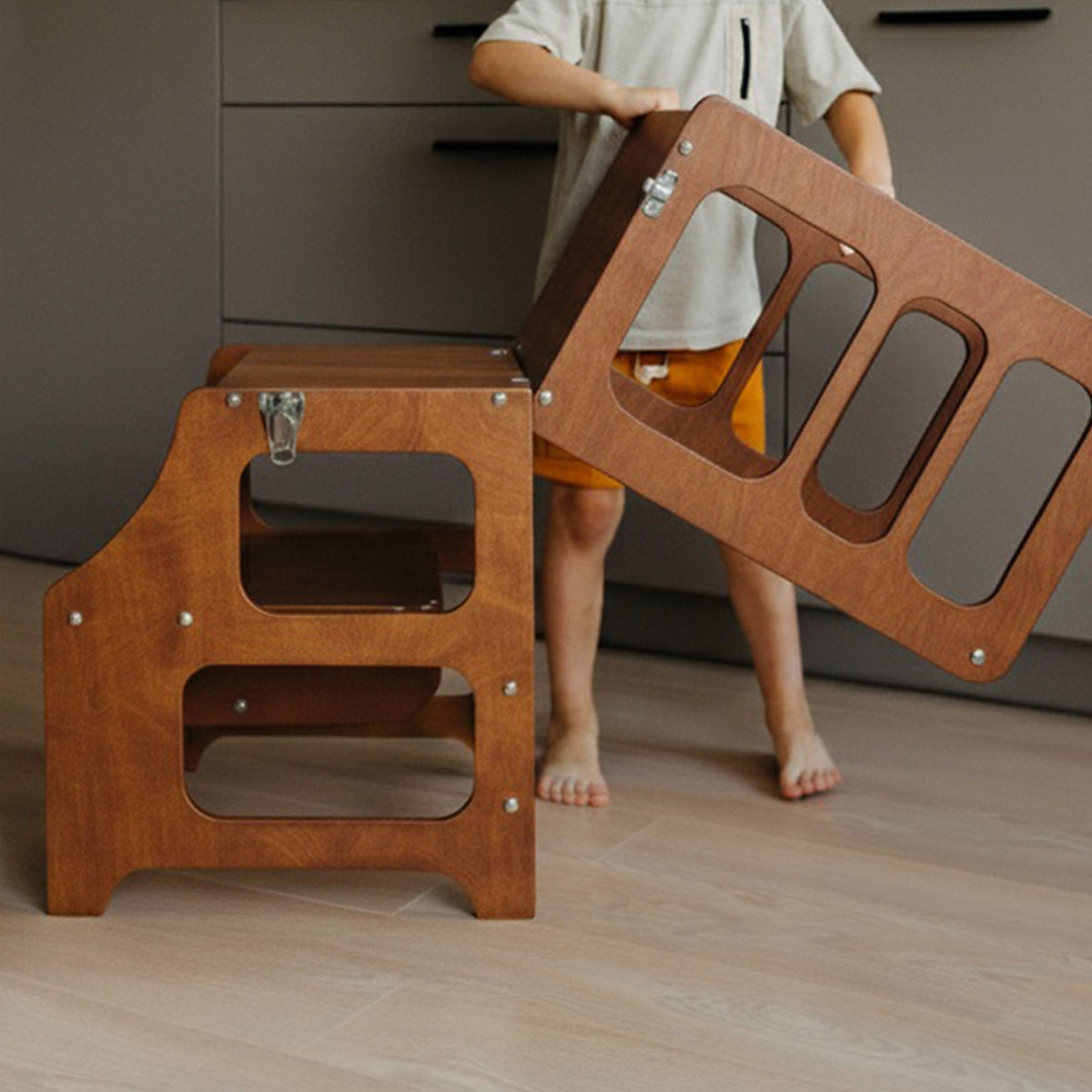3 in 1 Learning Tower & High Chair: Wood Finish - Kids