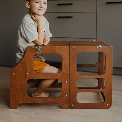 3 in 1 Learning Tower & High Chair: Wood Finish - Kids