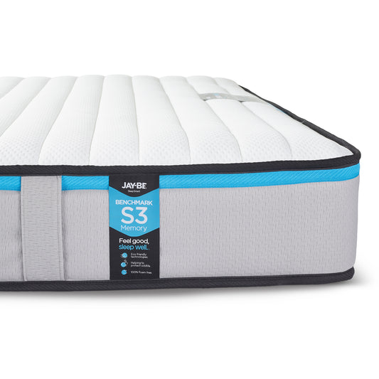 Gray memory fibre mattress with Jaybe branding on a white background