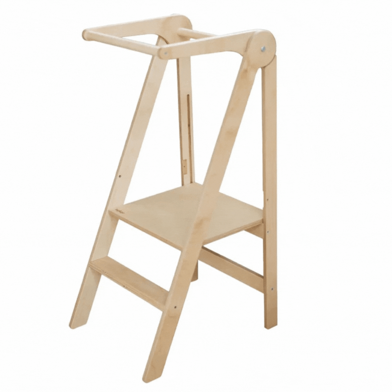 Animated demonstration of Roomix foldable toddler tower folding mechanism for quick setup and storage